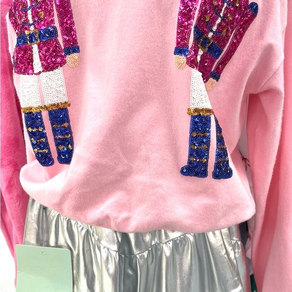 Adorable! Nutcracker pastel pink sequin Christmas sweater crew neck pullover 🎄 - Picture 2 of 8